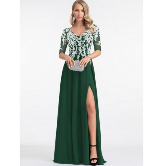 JJ’s House Half Sleeve Lace Chiffon V Neck Slit Gown Dark Green Size 12 NWT - Picture 1 of 7